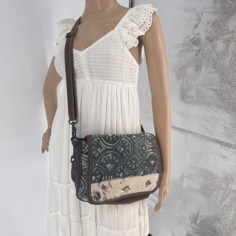 Myra‎ Bag Canvas Cowhide Rug Tapestry Crossbody Bag Teal Brown S-1250 - Picture 6 of 16